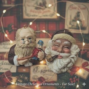 Vintage Santa Claus Head‎ Ornaments 1995 Set of 2 Christmas Decorations